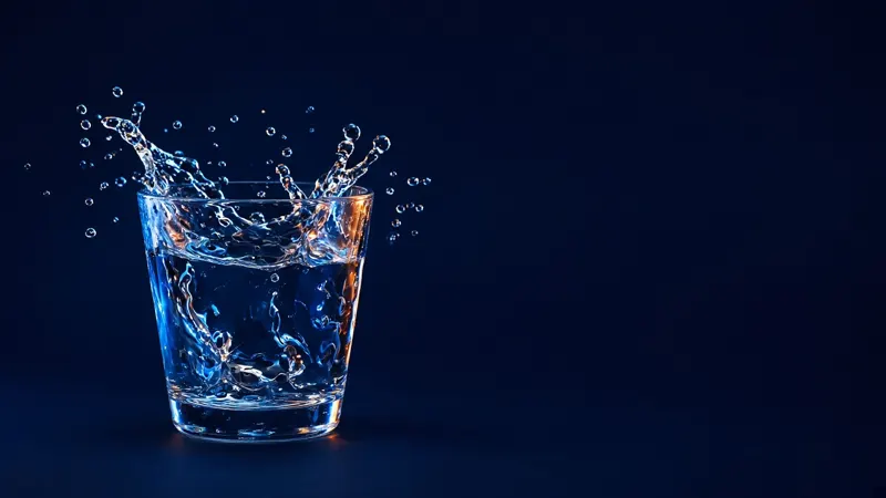 A clear glass of water splashing against a deep blue background