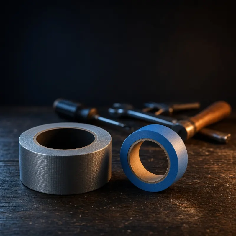 Rolls of duct tape and blue tape beside hand tools on a workbench