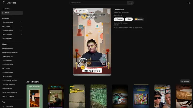 The JonsTube homepage on desktop, opening straight onto a random Short with step forward, step back and random controls