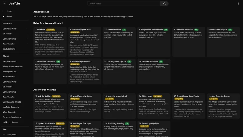 The JonsTube Lab hub listing 100 experiments, each marked as fully built or partial