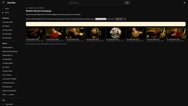 The weather reactive homepage experiment, tinting the page to the local weather and picking matching videos