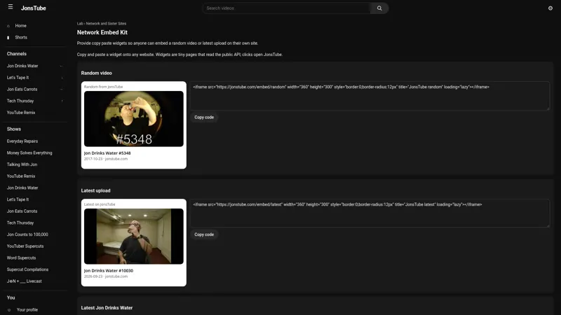The embed kit, with copy and paste code for random and latest video widgets