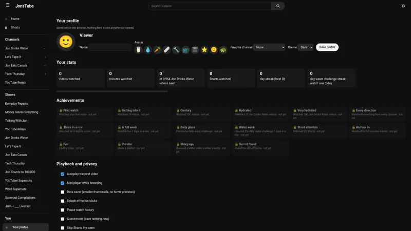 The local profile page with history, playlists and stats stored only in the browser