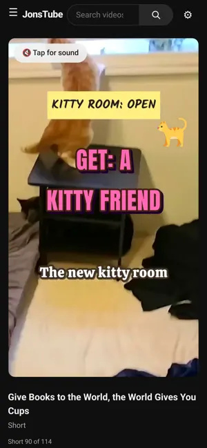 On a phone, the JonsTube homepage , opening straight onto a random Short with step forward, step back and random controls