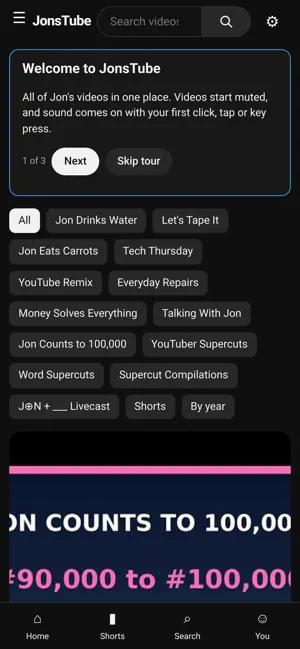 On a phone, the full JonsTube video grid at /home, with every channel and show in the sidebar