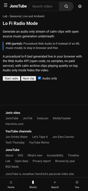 Lo fi radio mode, with a generated soundtrack and a calm archive clip playing on top