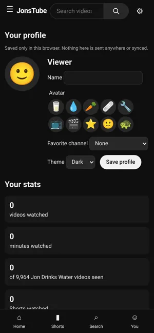 On a phone, the local profile page with history, playlists and stats stored only in the browser